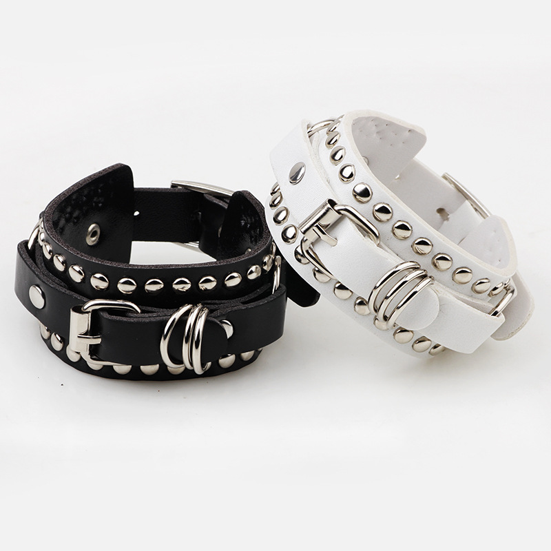 Women'S Emo Accessories - Goth Black Leather Wristband Bracelet Cuff